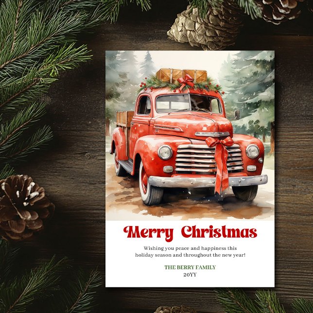Classic rustic Christmas red car festive artwork Holiday Card (Classic rustic Christmas red car festive artwork)