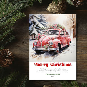Classic rustic Christmas scene pink car design Holiday Card