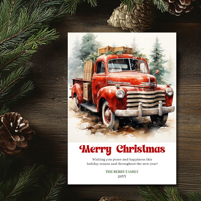 Classic rustic Christmas scene red car design Holiday Card (Classic rustic Christmas scene red car design)