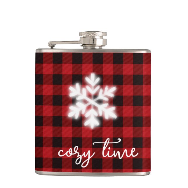 Classic rustic cosy red black plaid pattern  hip flask (Front)