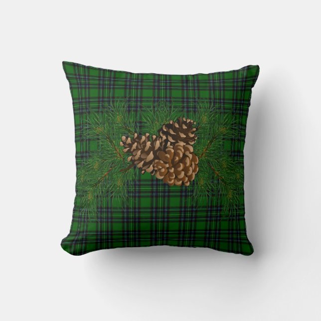 Classic rustic green black plaid with pinecone  cushion (Front)