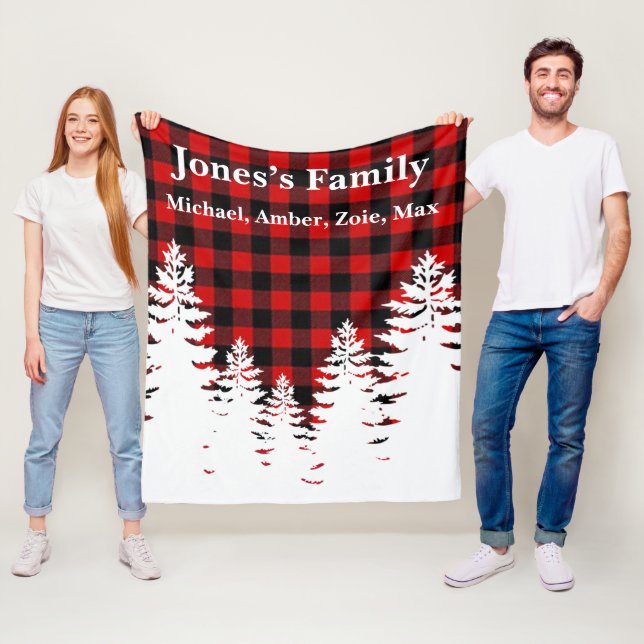 Classic rustic red black buffalo plaid pine trees fleece blanket (In Situ)