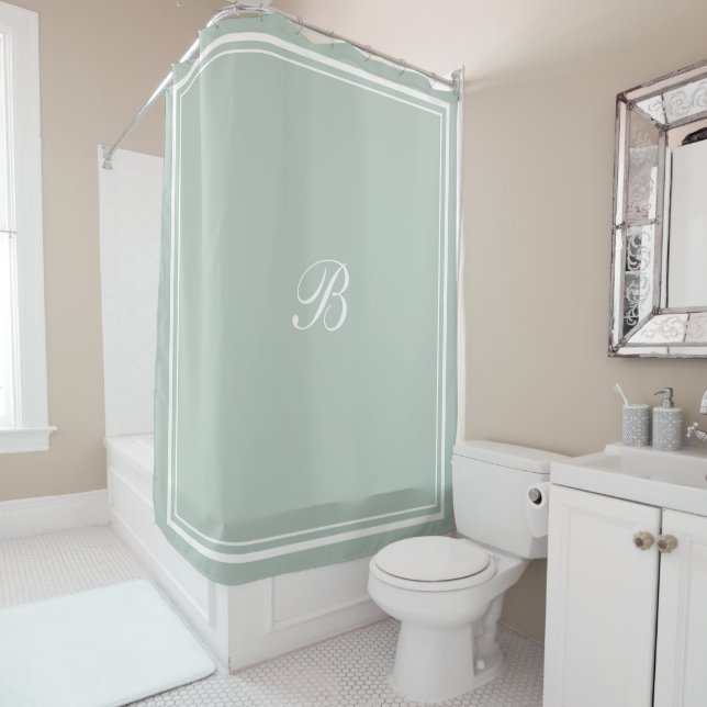 Classic Sage Border Script Monogram Letter Shower Curtain (In Situ)