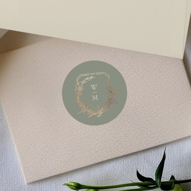 Classic Sage & Cream Monogram Gold Crest Wedding Classic Round Sticker (Creator Uploaded)