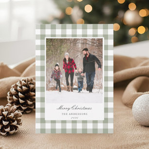 Classic Sage Gingham Two Sided Family Photo Holiday Card