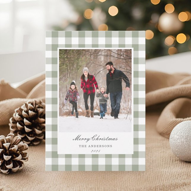 Classic Sage Gingham Two Sided Family Photo Holiday Card (Creator Uploaded)