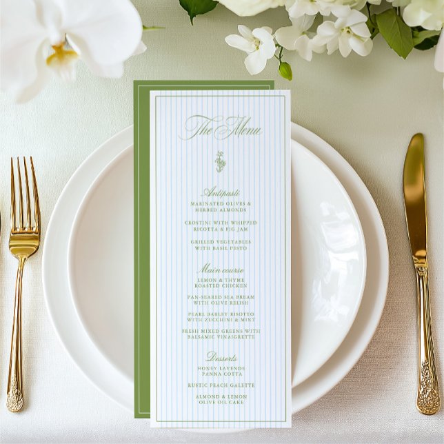 Classic Sage Green & Blue Striped Wedding Menu (Classic Sage Green & Blue Striped Wedding Menu)