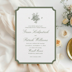 Classic Sage Green Border Monogram Wedding Invitation