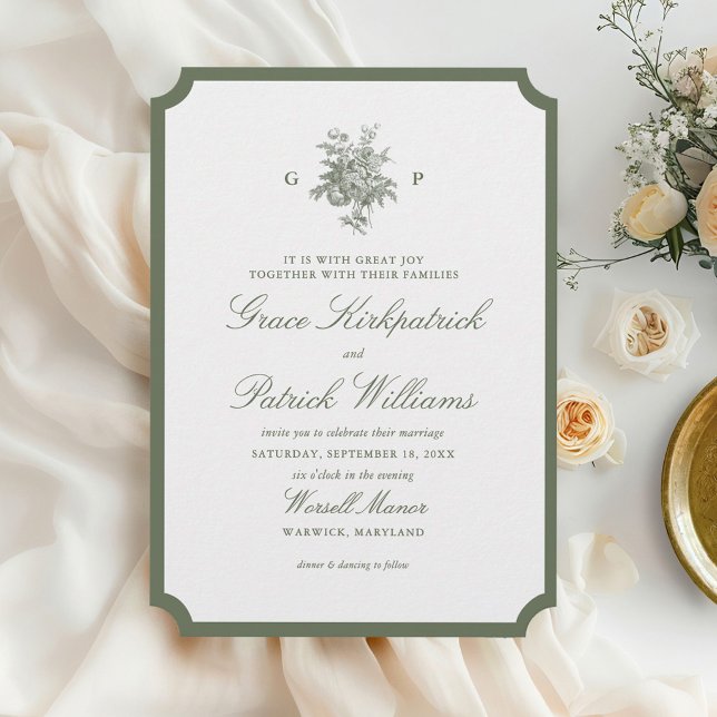 Classic Sage Green Border Monogram Wedding Invitation (Creator Uploaded)