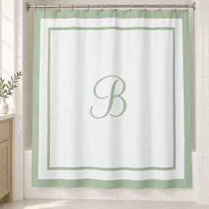 Classic Sage Green Border Script Monogram Letter Shower Curtain