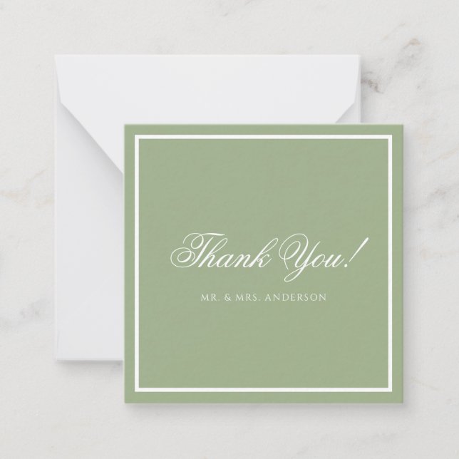 Classic Sage Green Border Script Wedding Thank You Card (Front)