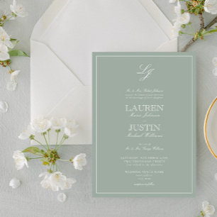 Classic Sage Green Calligraphy Monogram Wedding Invitation
