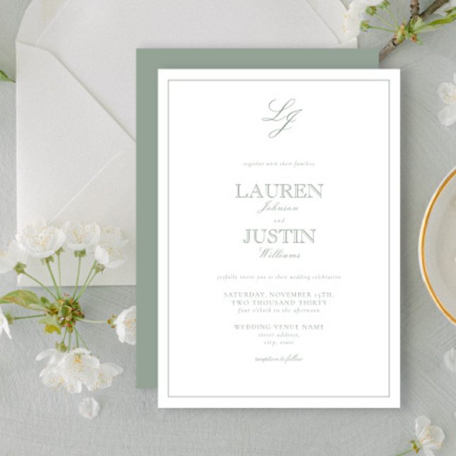 Classic Sage Green Calligraphy Monogram Wedding Invitation (Creator Uploaded)