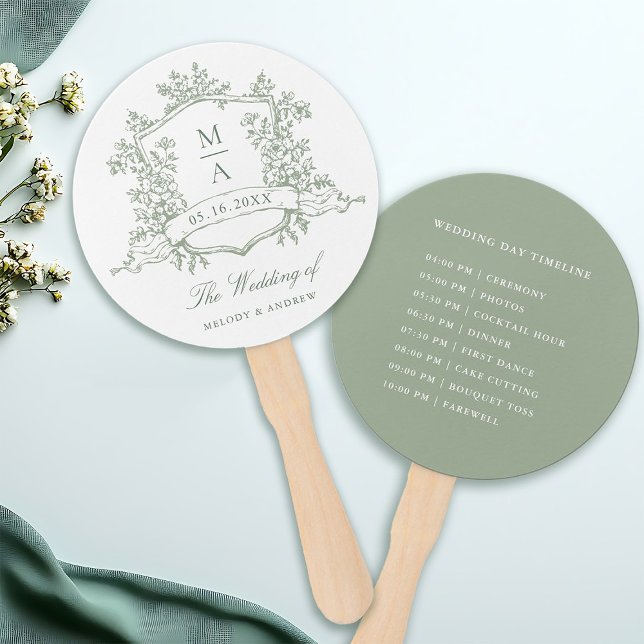 Classic Sage Green Crest Wedding Ceremony Timeline Hand Fan (Front & Back)