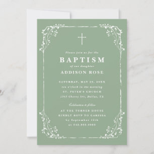 Classic Sage Green Dainty Floral Frame Baptism Invitation