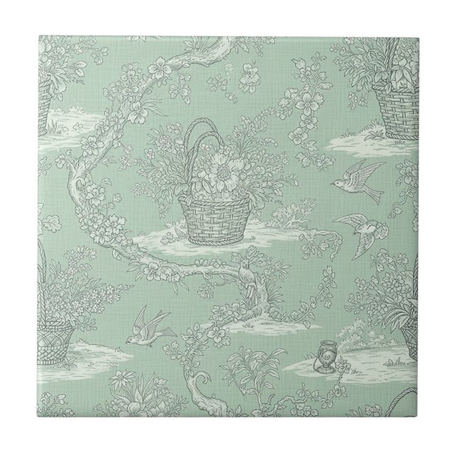 Classic Sage Green Floral Bouquet Pattern Ceramic Tile (Front)