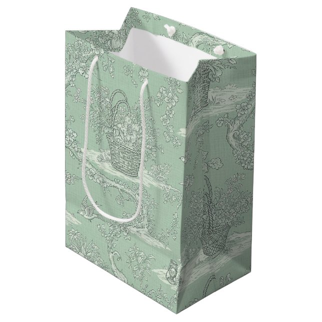 Classic Sage Green Floral Bouquet Pattern Medium Gift Bag (Front Angled)