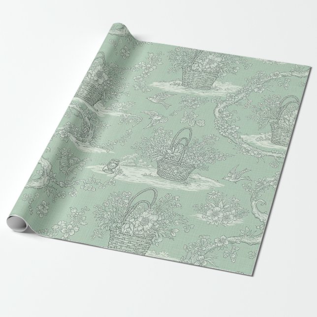 Classic Sage Green Floral Bouquet Pattern Wrapping Paper (Unrolled)