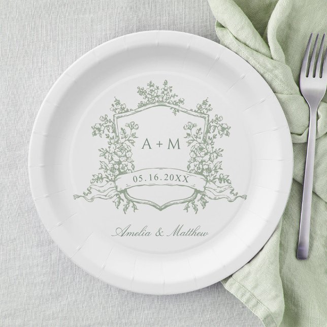 Classic Sage Green Floral Crest Monogram Wedding Paper Plate (Creator Uploaded)