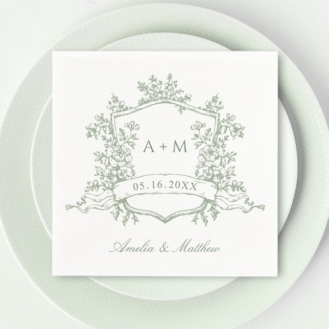 Classic Sage Green Floral Crest Monograms Wedding Napkin (Creator Uploaded)