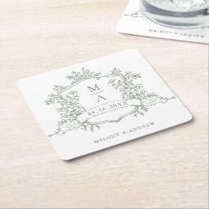 Classic Sage Green Floral Crest Monograms Wedding Square Paper Coaster