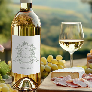 Classic Sage Green Floral Crest Monograms Wedding Wine Label