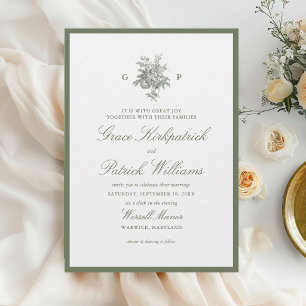 Classic Sage Green Floral Monogram Wedding Invitation