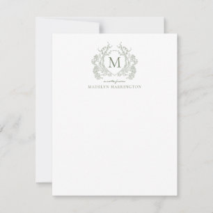Classic Sage Green Floral Vintage Crest Monogram Card