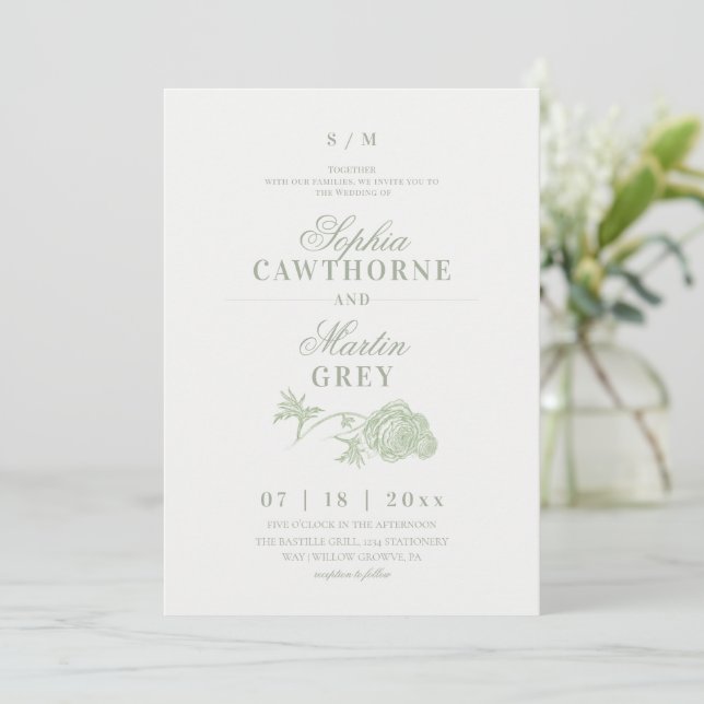 Classic Sage Green Floral Wedding  Invitation (Standing Front)