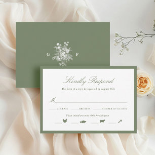 Classic Sage Green Floral Wedding Monogram RSVP Card