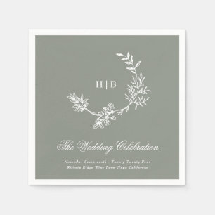 Classic Sage Green Floral Wreath Monogram Wedding Napkin