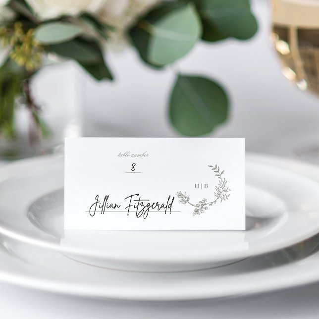 Classic Sage Green Floral Wreath Monogram Wedding Place Card (Creator Uploaded)