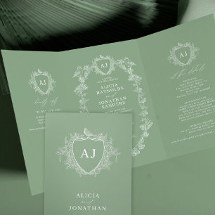 Classic sage green French floral QR code wedding Tri-Fold Invitation