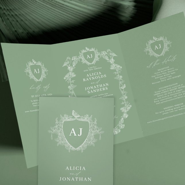 Classic sage green French floral QR code wedding Tri-Fold Invitation (Creator Uploaded)