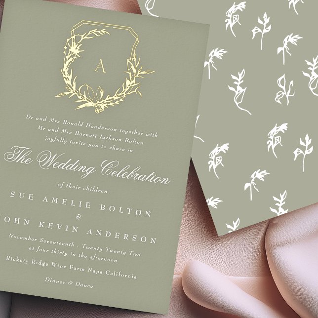 classic sage green gold monogram crest wedding (Creator Uploaded)