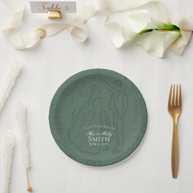 Classic Sage Green Hand Drawn Wedding Sketch Art  Paper Plate (Wedding)