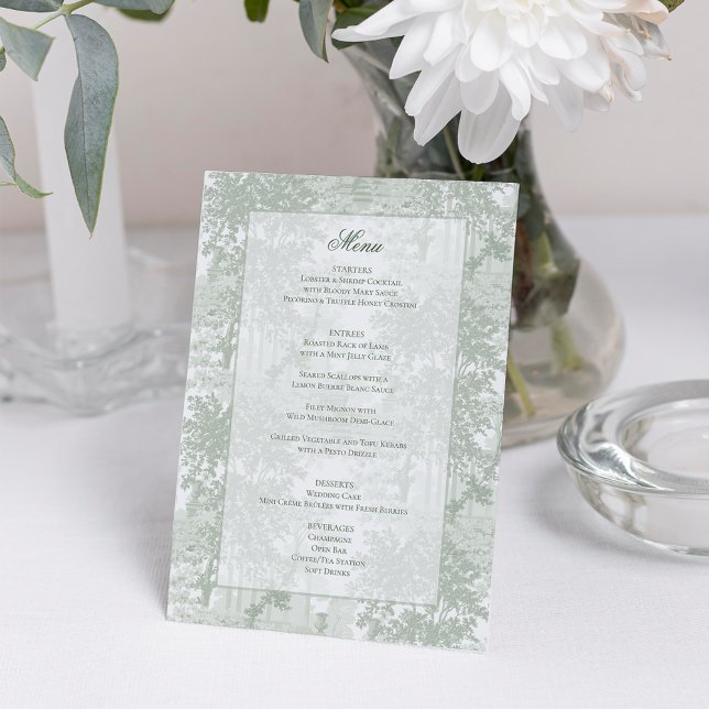 Classic Sage Green Landscape Toile Wedding Menu (Creator Uploaded)