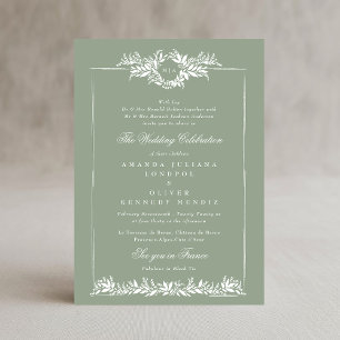 classic sage green leafy wreath etch frame wedding invitation