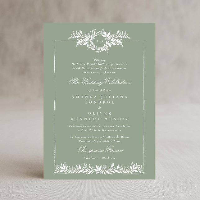 classic sage green leafy wreath etch frame wedding invitation (Creator Uploaded)