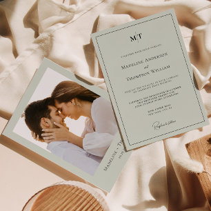Classic Sage Green Monogram Border Photo Wedding Invitation