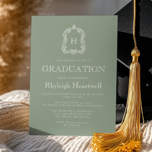 Classic Sage Green Monogram Crest Graduation Party Invitation