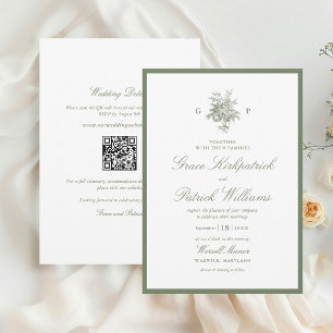 Classic Sage Green Monogram QR Code Wedding Invitation
