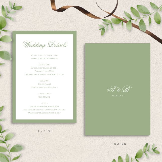 Classic Sage Green Monogram Script Wedding Details Enclosure Card (Creator Uploaded)
