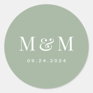 Classic Sage Green Monogram Typography Wedding Round Sticker