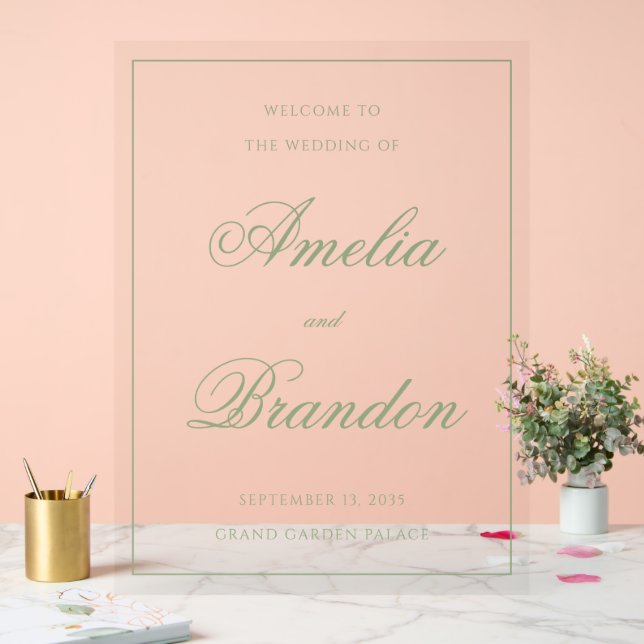 Classic Sage Green Script & Border Wedding Welcome Acrylic Sign (Wedding)