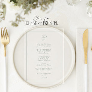 Classic Sage Green Script Monogram Wedding Acrylic Invitations