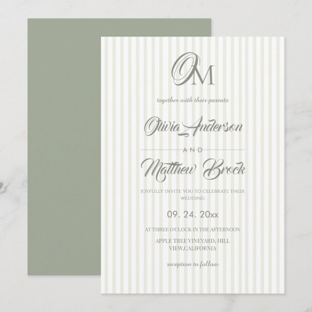 Classic Sage Green Stripe Wedding Invitation (Front/Back)