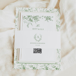 Classic Sage Green Toile Monogram Wedding Invitation Belly Band