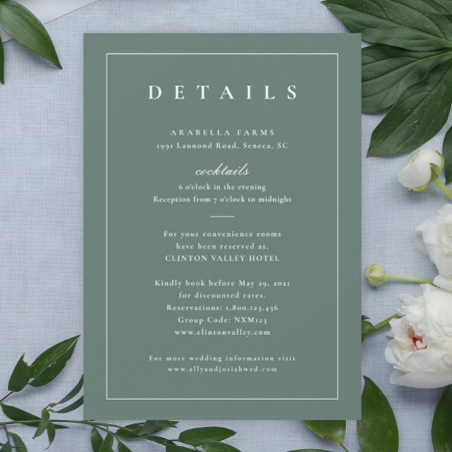 Classic Sage Green Wedding Details Insert Card (Simple typography sage green wedding invitation details enclosure card.)