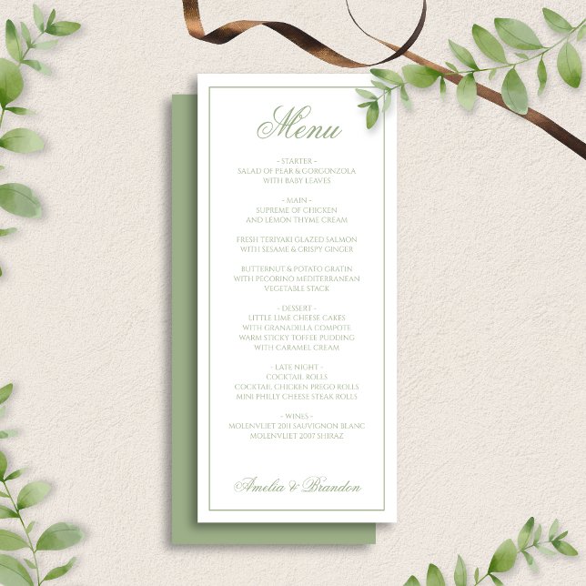 Classic Sage Green & White Border Script Wedding Menu (Creator Uploaded)